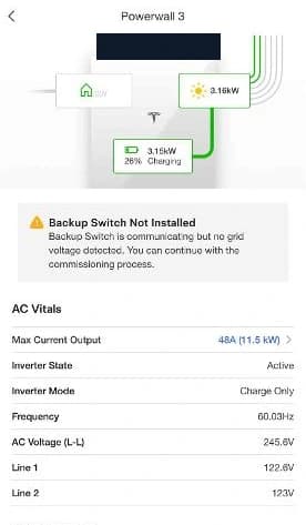 Original Powerwall app screenshot with serial number blacked out. It shows Backup Switch Not Installed, inverter Active and Charge Only mode.