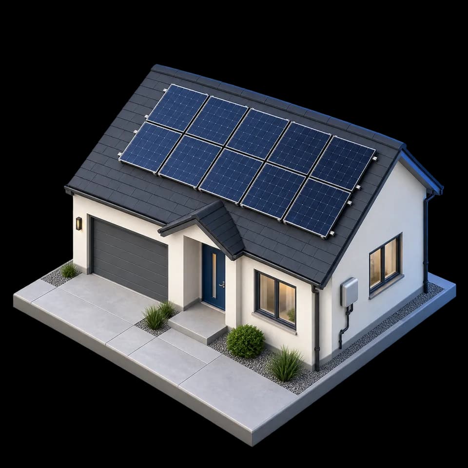Conceptual architectural illustration of a completed rooftop solar installation