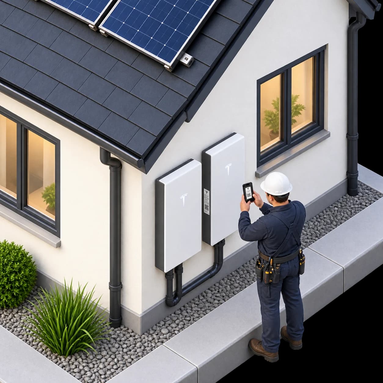 Close view of an installer using a phone to photograph the equipment label beside two wall-mounted storage batteries
