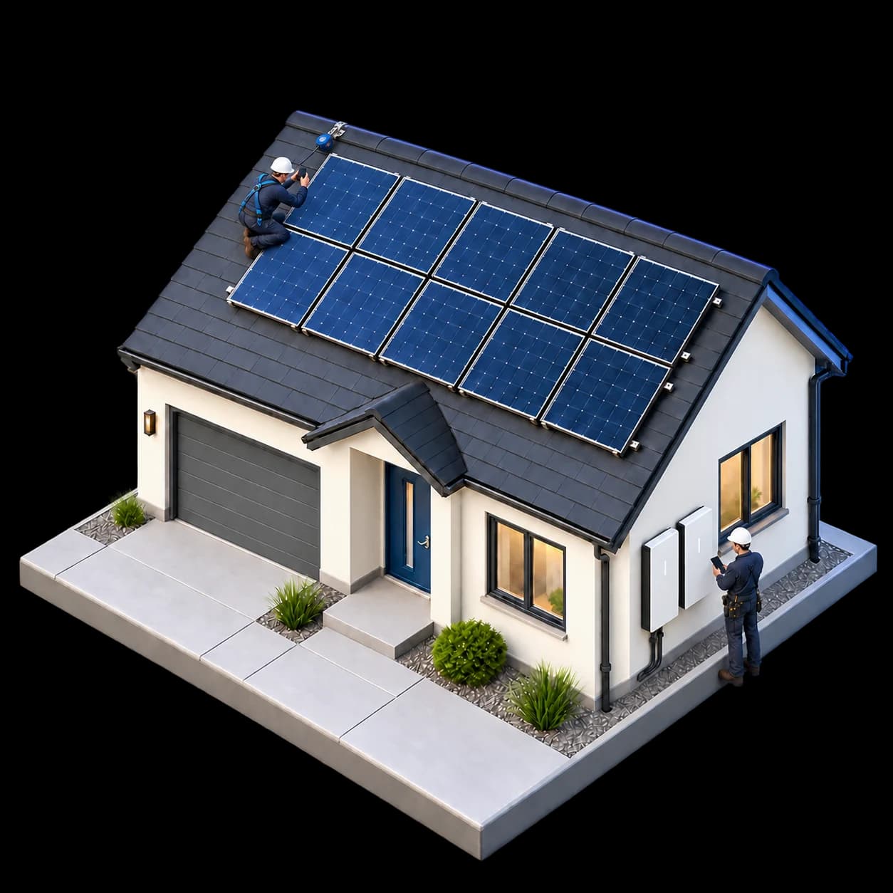 A harnessed installer photographing the rooftop solar array and another technician beside two newly installed batteries, with the front path clear