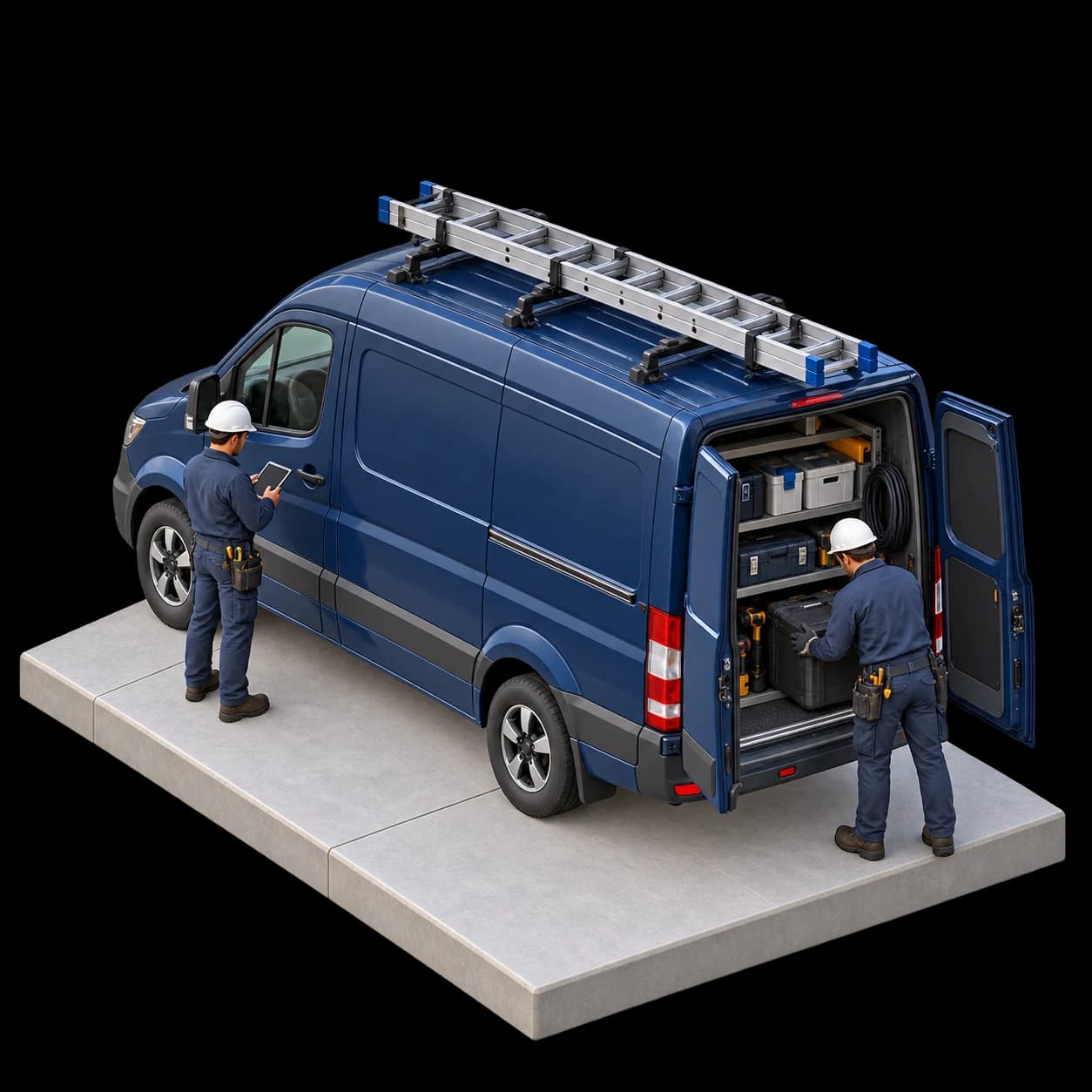 Two professional solar installers loading their service van and preparing for the next job