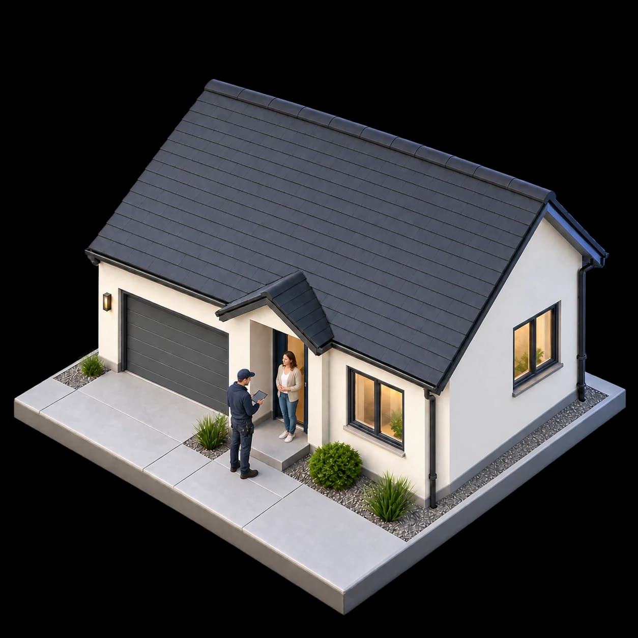 A survey professional collecting notes with a homeowner at a bare house, before solar and batteries are installed